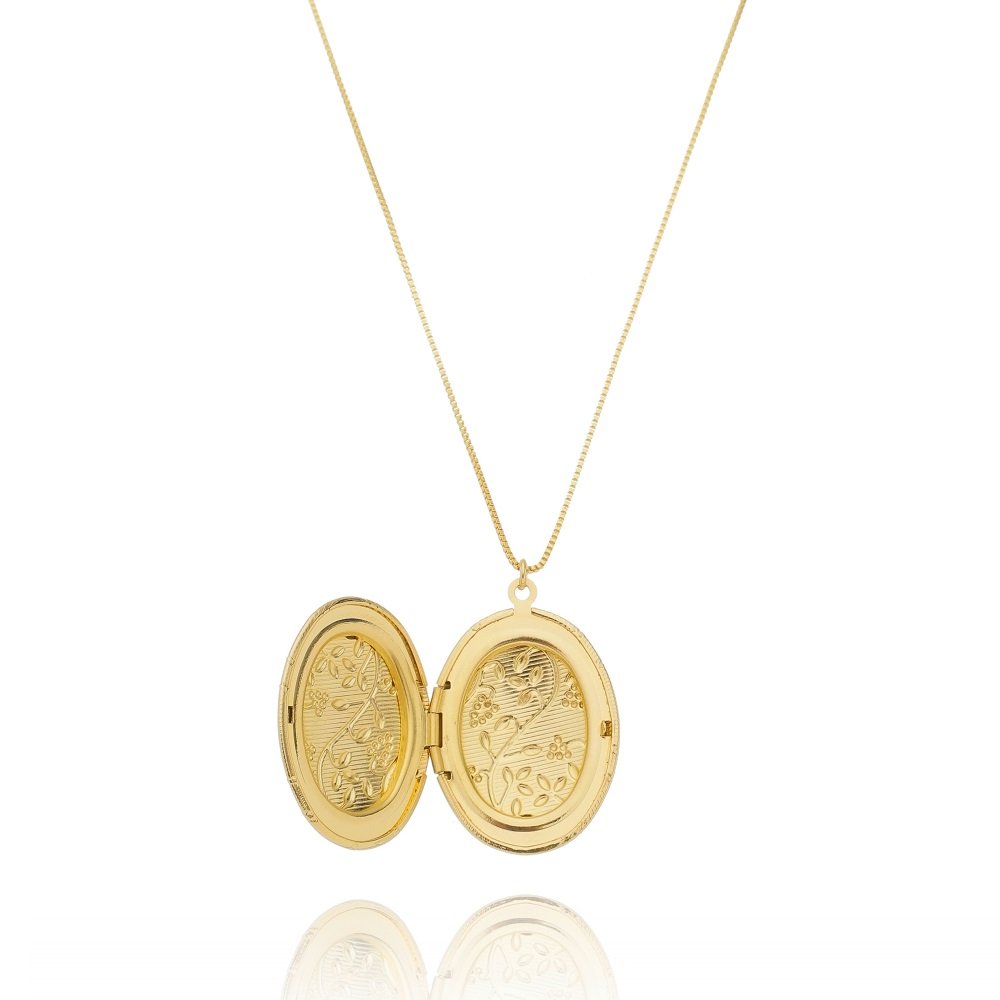 RELICARIO OVAL FOLHINHAS DOURADO FOLHADO