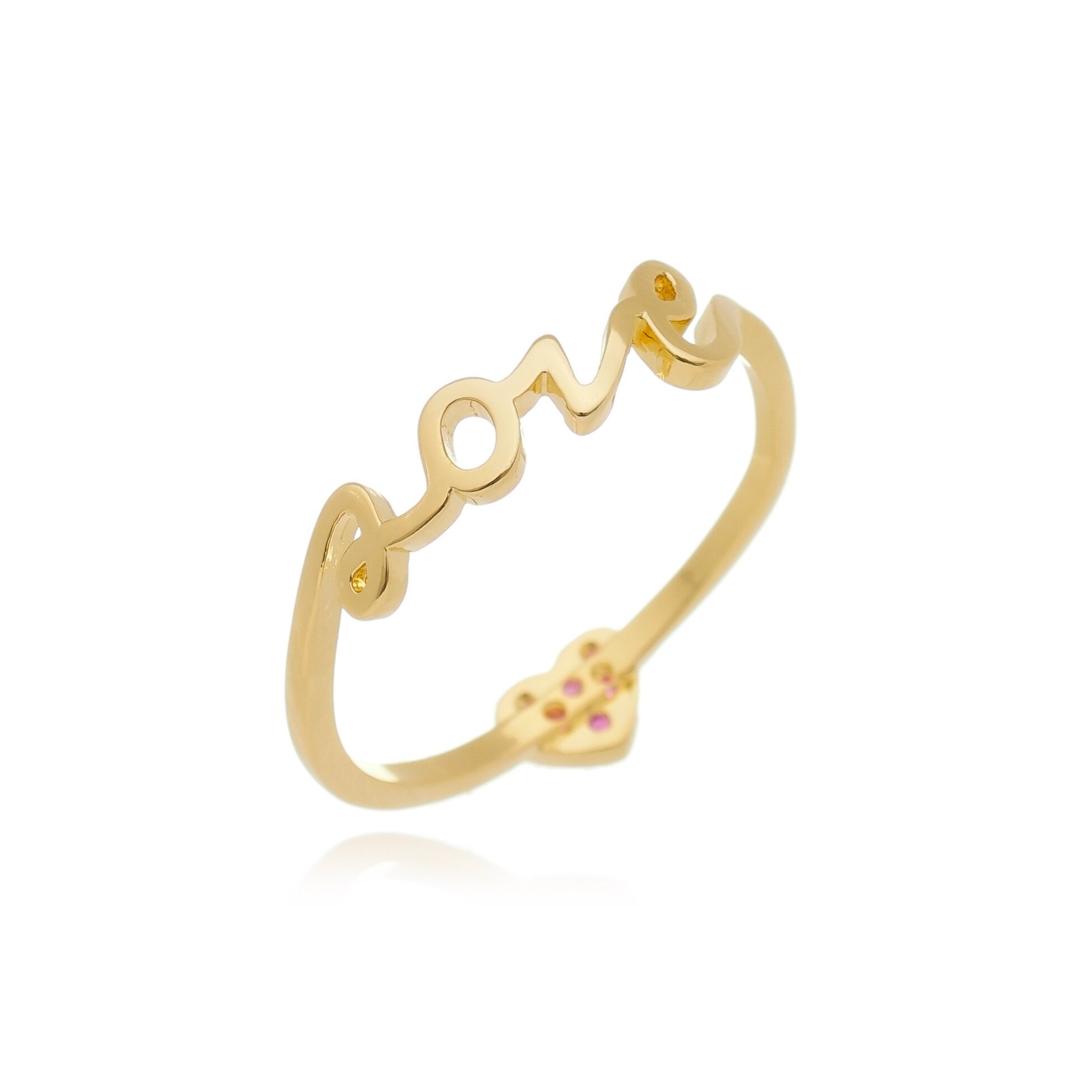 ANEL CALIGRAFIA LOVE COM CORAÇÃO ZIRCÔNIA COLORS DOURADO FOLHEADO