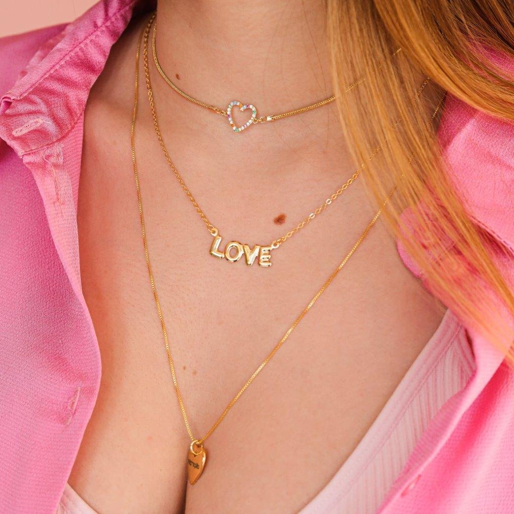 CHOKER RABO DE RATO CORAÇÃO ZIRCÔNIA COLORS DOURADO FOLHEADO