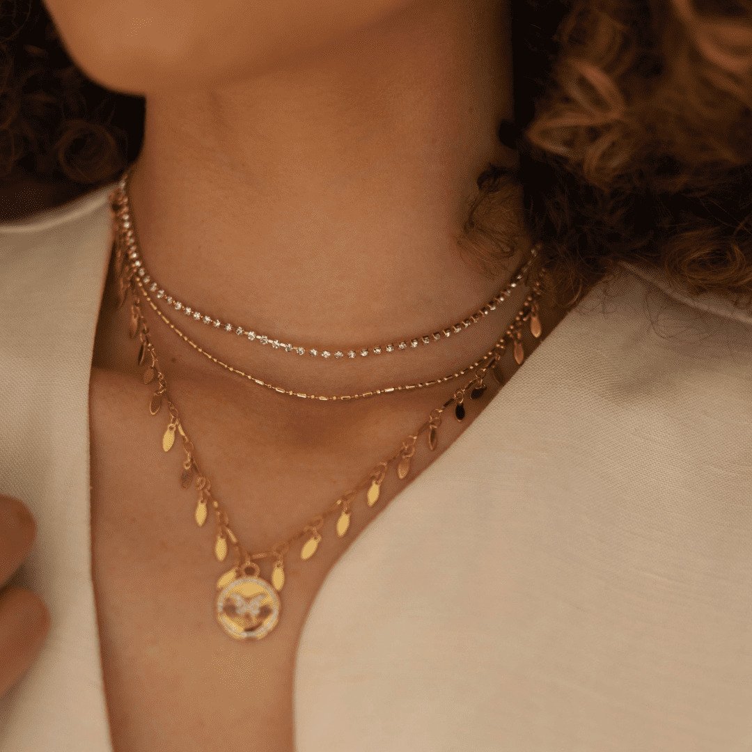 CHOKER DUPLO STRASS COM CORRENTE CILINDRA DOURADO FOLHEADO