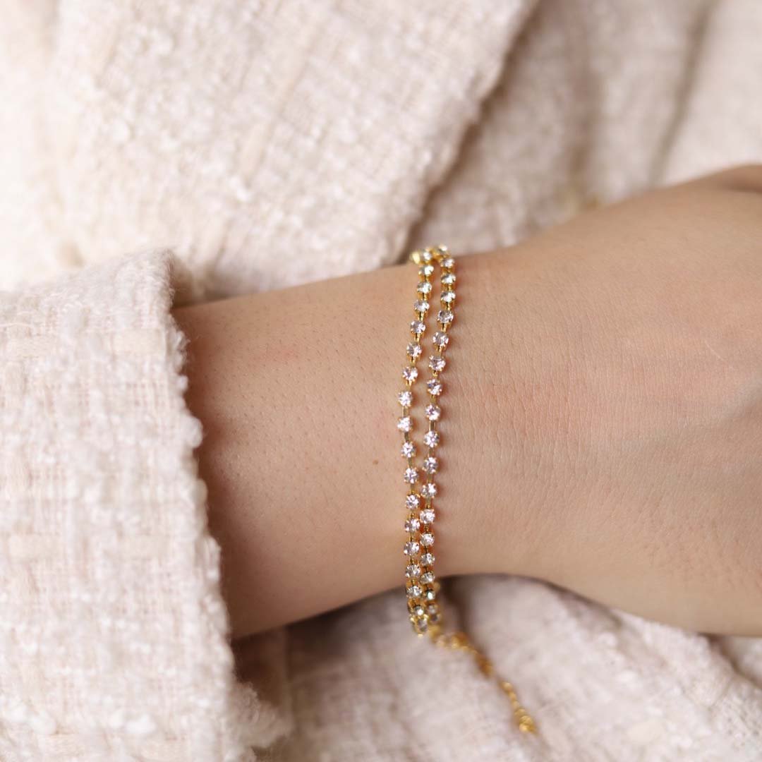 PULSEIRA DUPLA STRASS DOURADO FOLHEADO