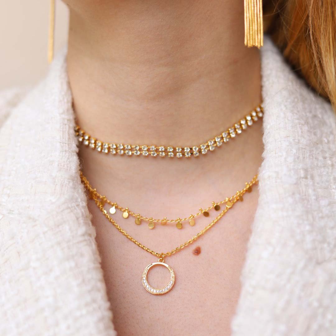 CHOKER DUPLA STRASS DOURADO FOLHEADO