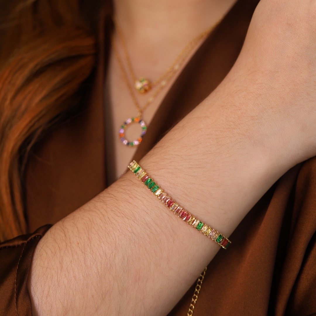 PULSEIRA BAGUETE COLORIDA DOURADO FOLHEADO