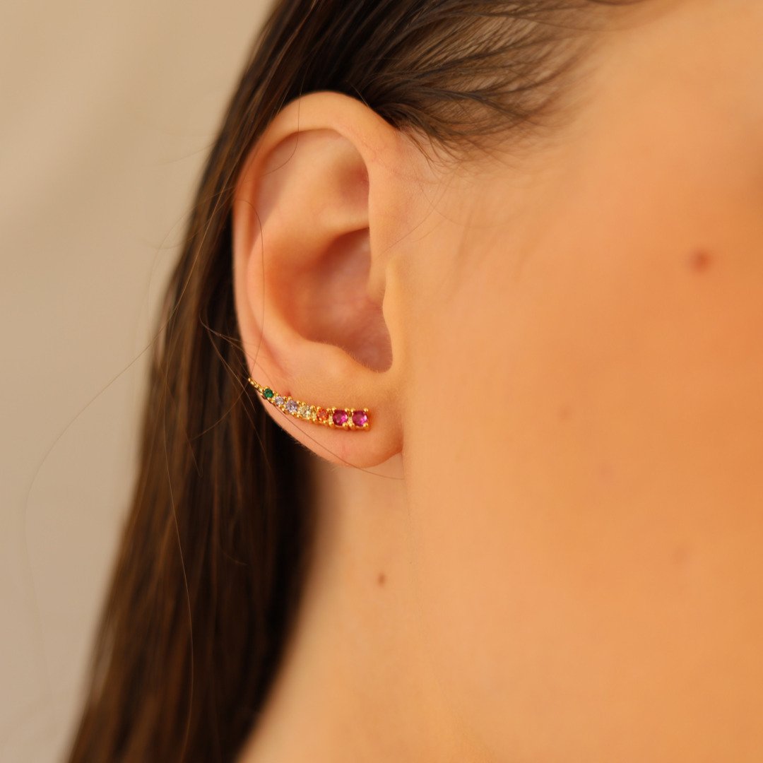 EAR CUFF ZIRCÔNIAS CADENTE COLORIDAS DOURADO FOLHEADO