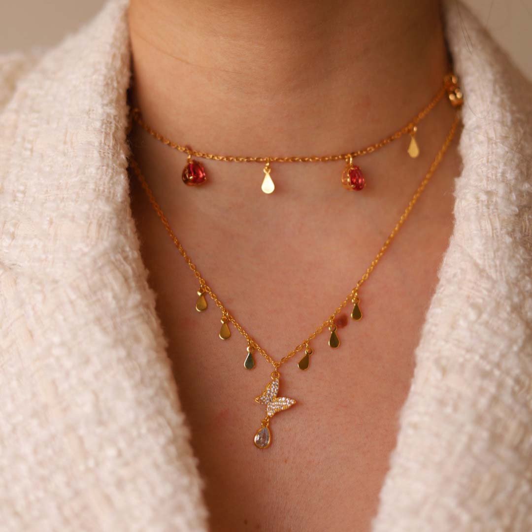 CHOKER GOTAS LILAS, VERMELHO E DOURADO FOLHEADO