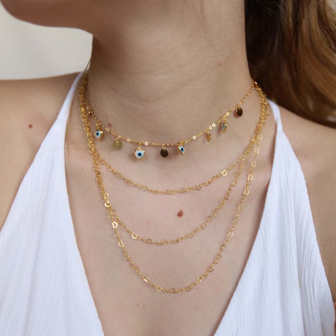 CHOKER MINI MEDALHAS COM OLHO GREGO DOURADO FOLHEADO
