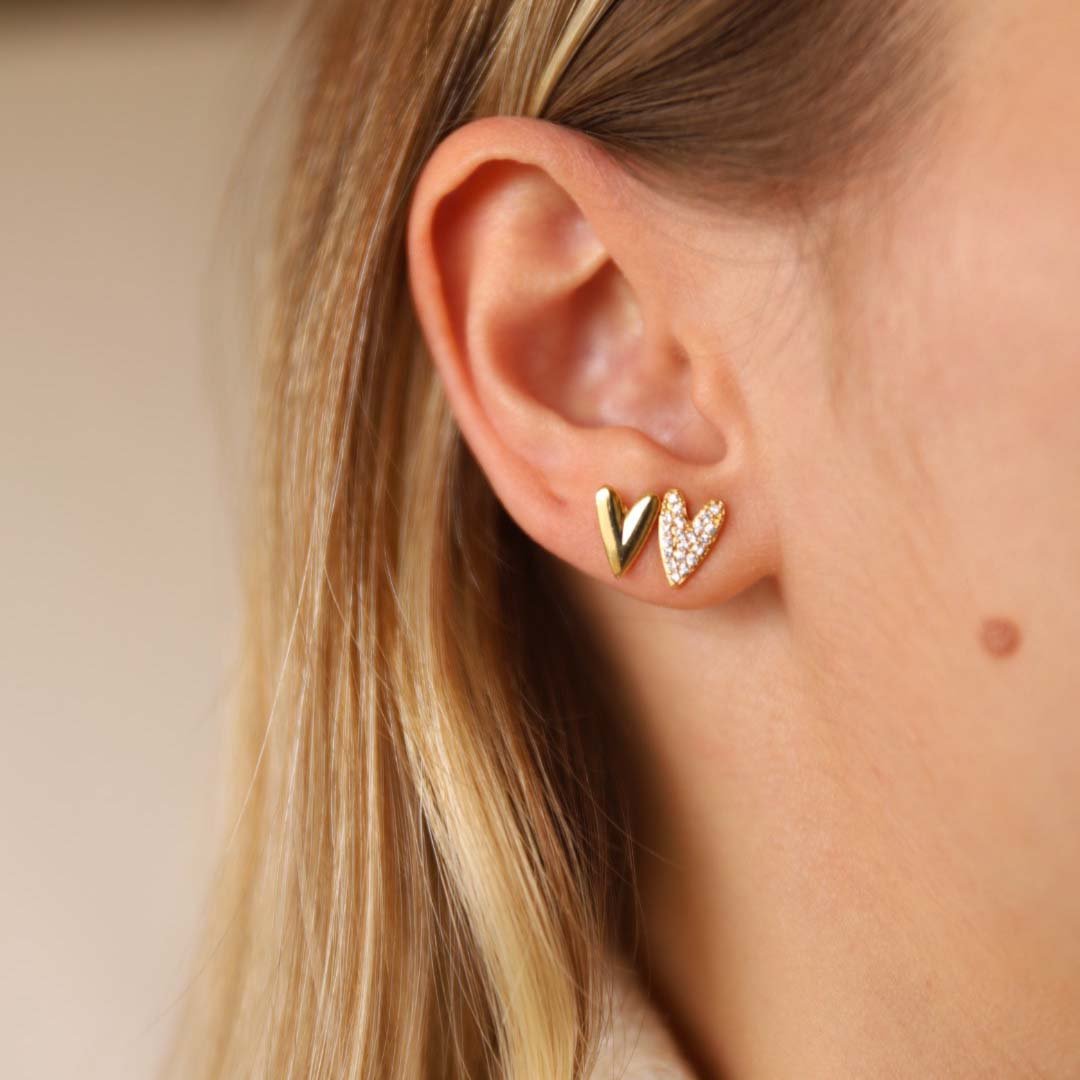 KIT DOIS PARES BRINCO CORAÇÃO LONGO ZIRCÔNIA E LISO DOURADO FOLHEADO