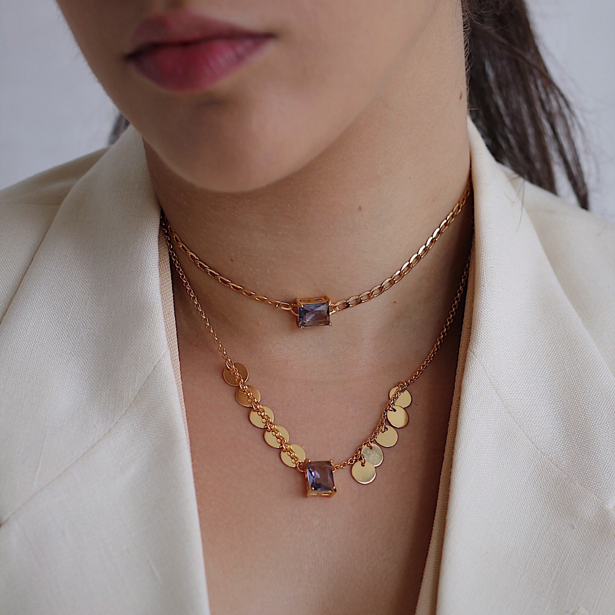 CHOKER ELO BAGUETE LILAS VIDRO DOURADO FOLHEADO