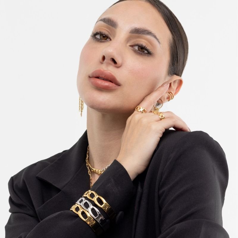 ANEL ELOS RETANGULARES VASADOS AJUSTÁVEL DOURADO FOLHEADO