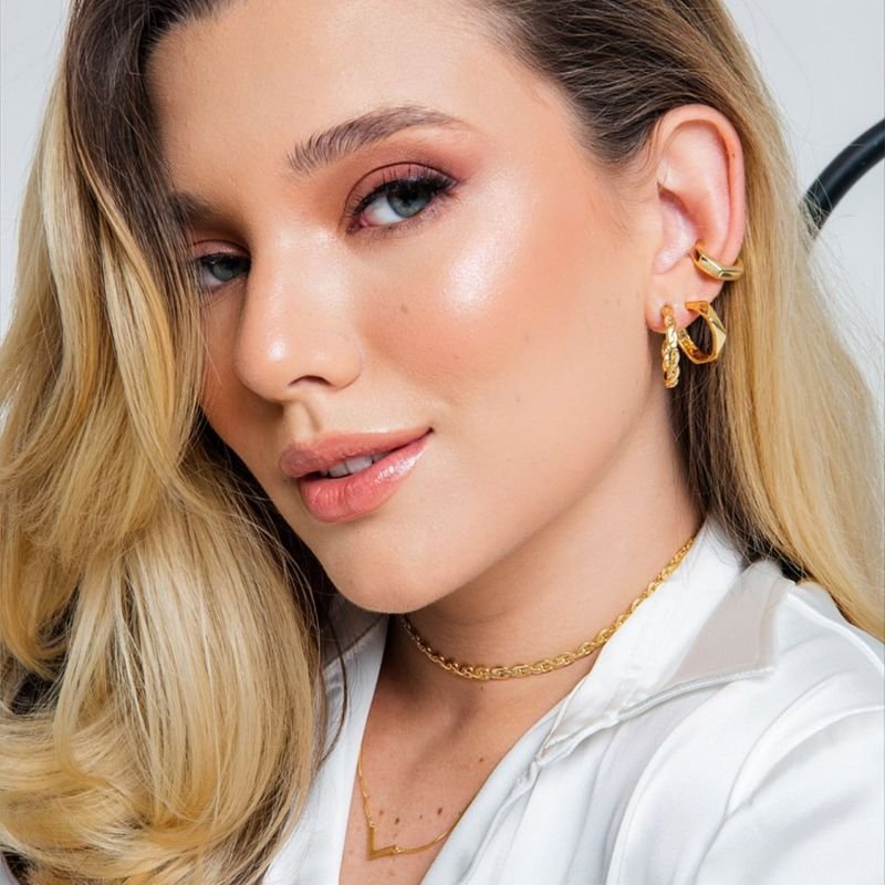 ARGOLA DUAS FITAS TRANÇADA GROSSA M DOURADO FOLHEADO