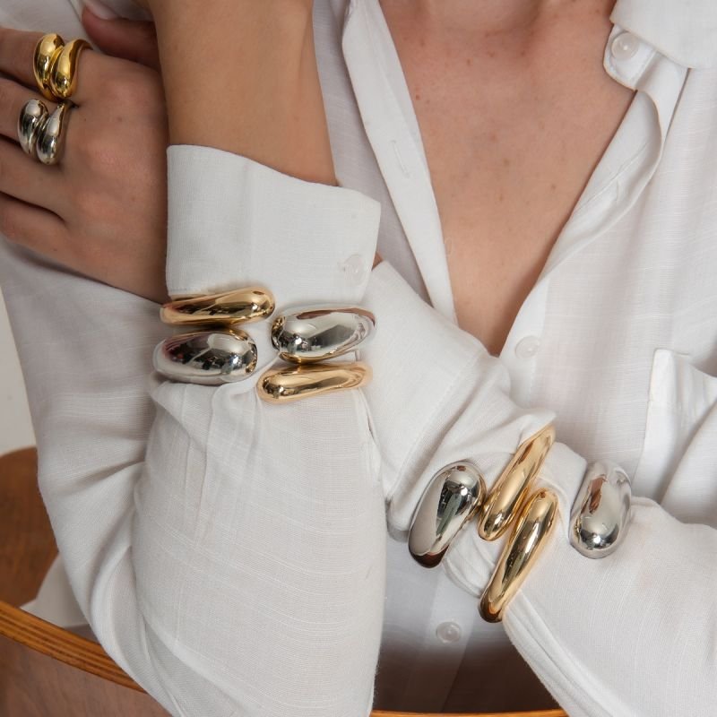 BRACELETE ENCONTRO DE GOTAS MIX DOURADO E PRATEADO FOLHEADO