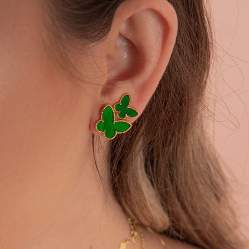 BRINCO BORBOLETA VERDE ESMERALDA 8MM BANHADO A OURO 18K