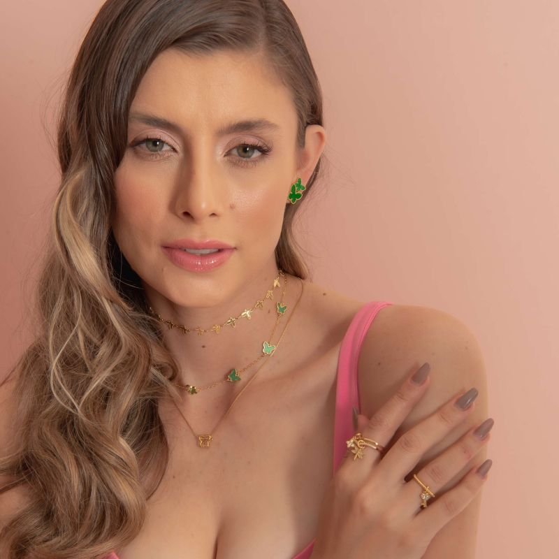 BRINCO BORBOLETA VERDE ESMERALDA 8MM BANHADO A OURO 18K