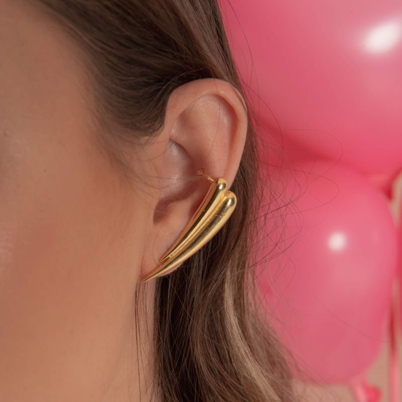 BRINCO EAR CUFF DUAS GOTAS BANHADO A OURO 18K