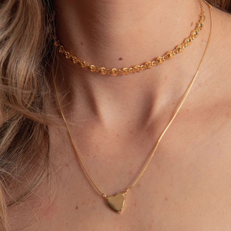 CHOKER CORAÇAO DUPLO BANHADO A OURO 18K.