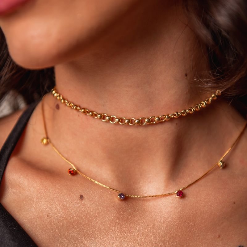 CHOKER CIRCULO E BOLINHA M DOURADO FOLHEADO