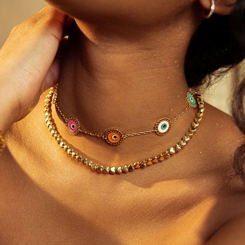 CHOKER CORAÇÕES ABS DOURADO FOLHEADO