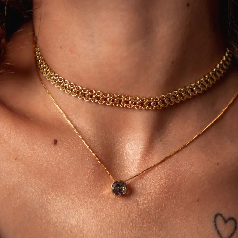 CHOKER CORRENTE DUPLA COM BOLINHAS BANHADO A OURO 18K