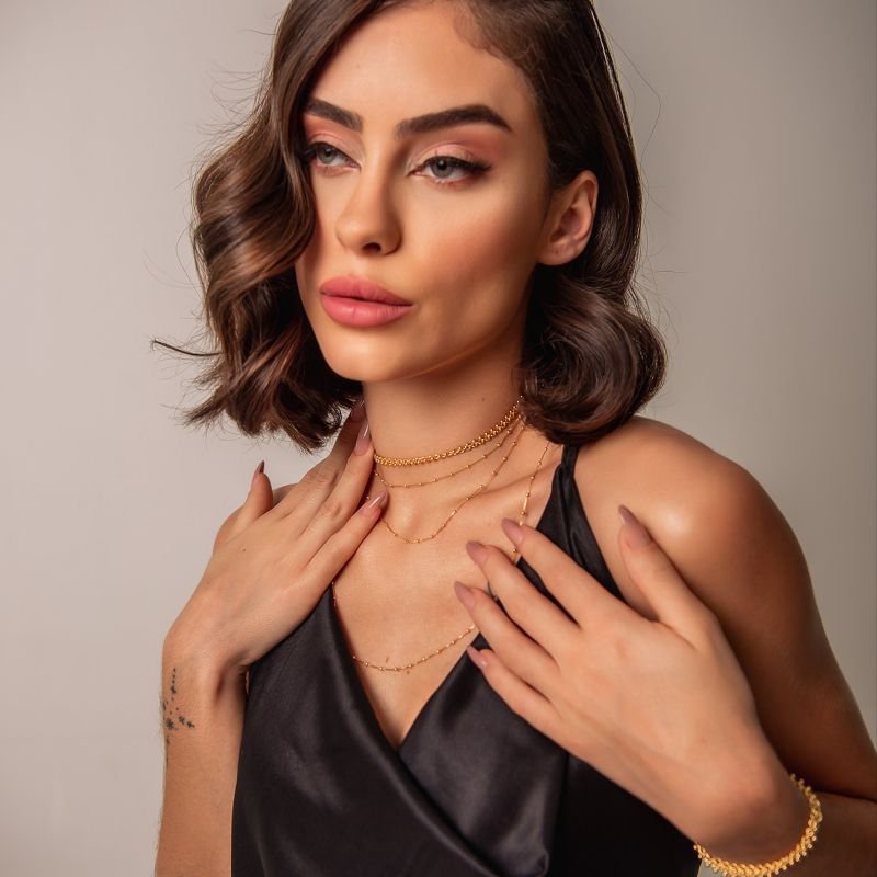 CHOKER DUPLA VENEZIANA COM BOLINHA JUNTAS DOURADO FOLHEADO