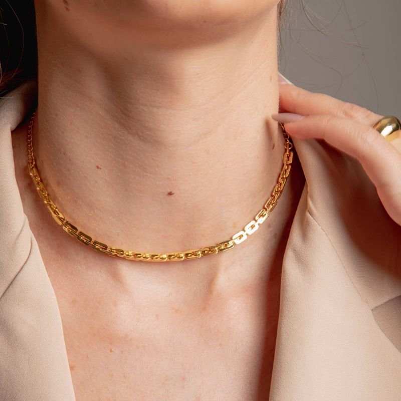 CHOKER ELOS RETANGULARES M BANHADO A OURO 18K