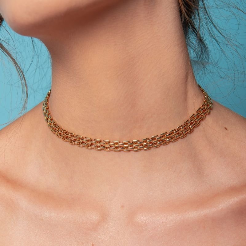 CHOKER MALHA RETANGULAR C:35 CM BANHADO A OURO 18K