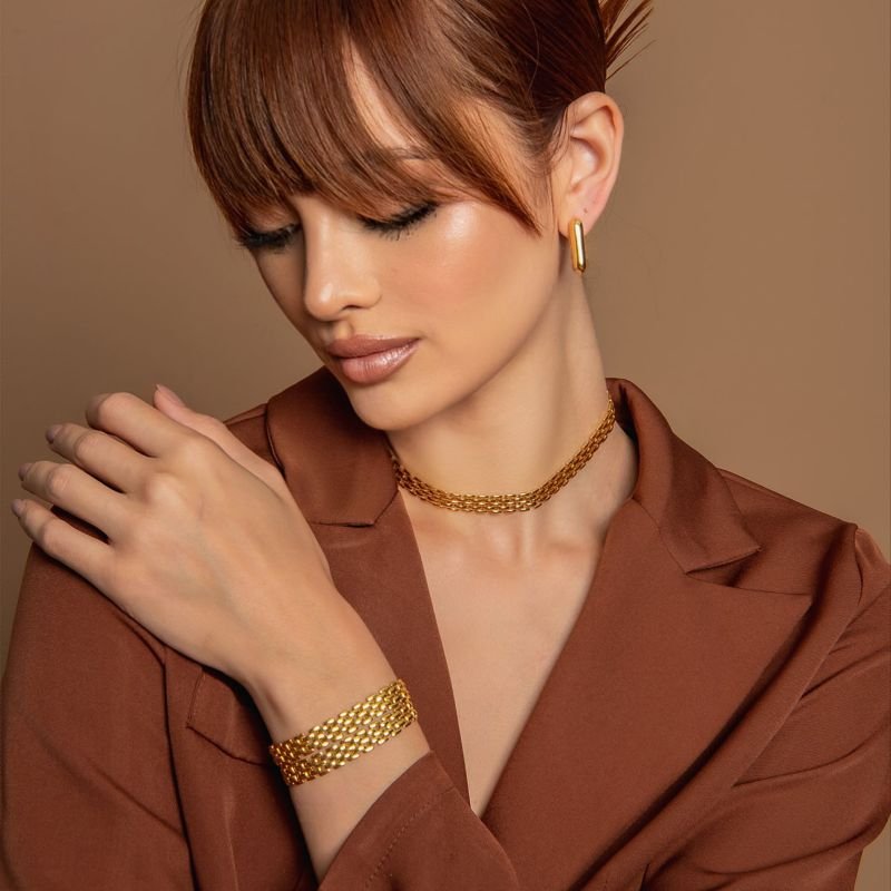 CHOKER MALHA RETANGULAR BANHADO A OURO 18K