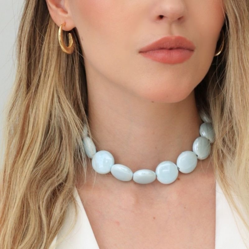 CHOKER PORCELANA AZUL BANHADO A OURO 18K