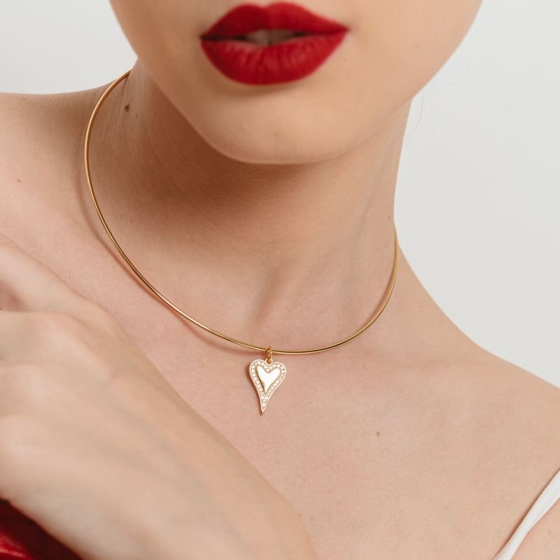 CHOKER RIGIDA CORAÇÃO ALONGADO ZIRCÔNIA BANHADO A OURO 18K