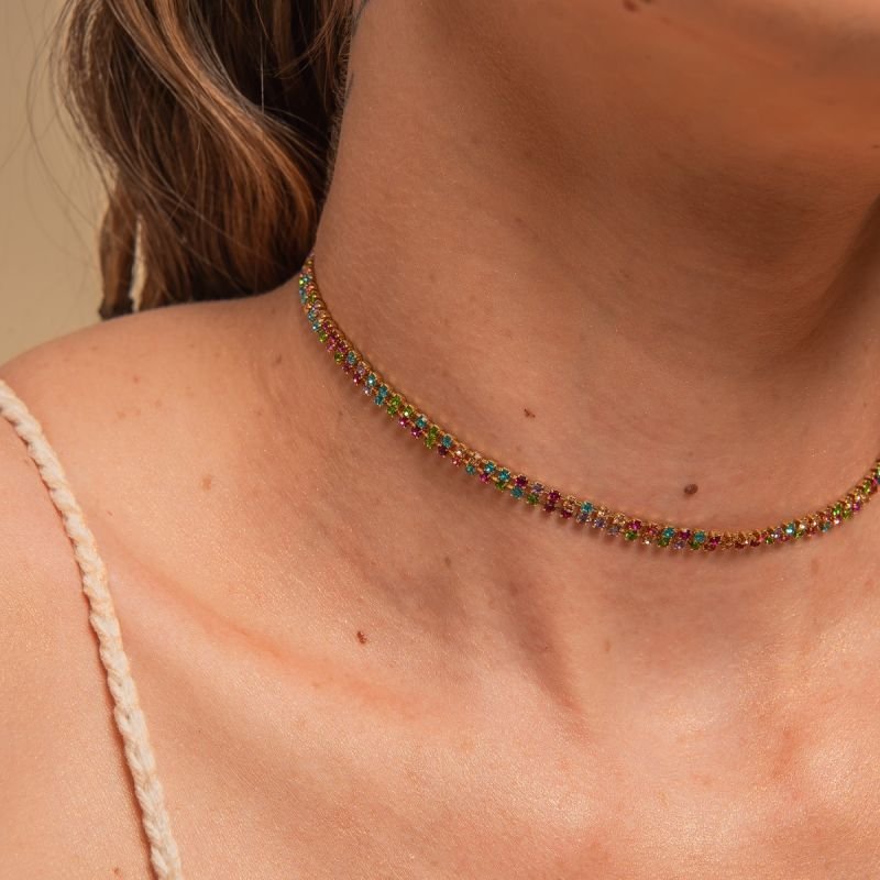 CHOKER RIVIERA DUPLA COLORIDA DOURADO FOLHEADO