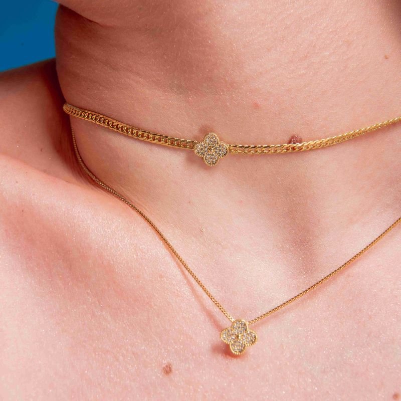 CHOKER TREVO 4 FOLHA COM ZIRCONIA BANHADO A OURO 18K