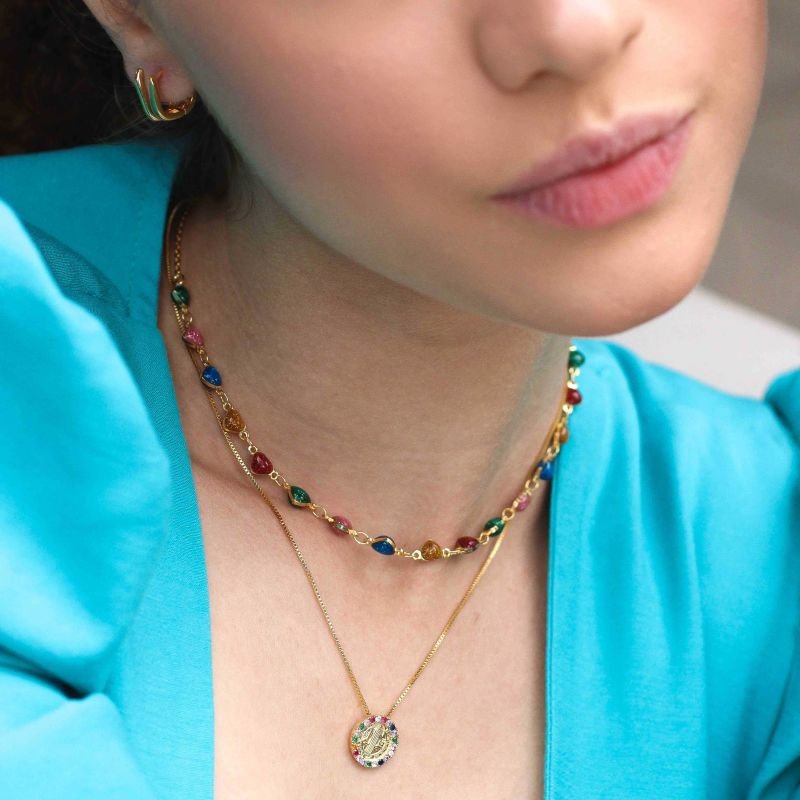 CHOKER CORAÇÕES COLORIDOS COM GLITTER DOURADO FOLHEADO