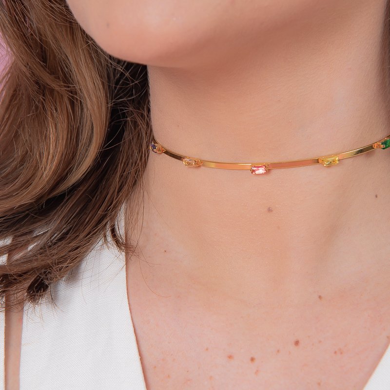 CHOKER RIGIDA BAGUETE COLORIDAS DOURADO FOLHEADO