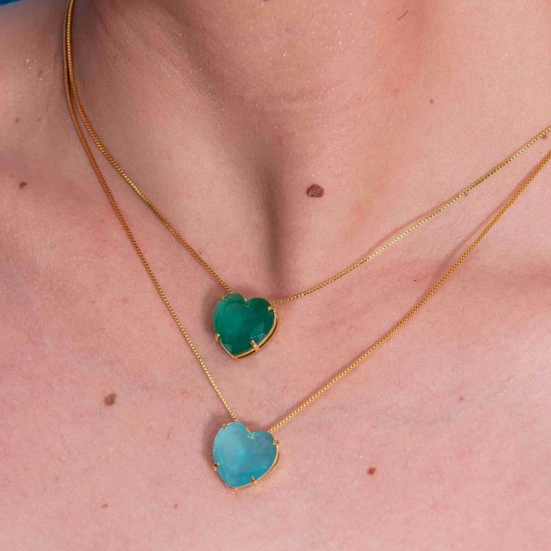 COLAR CORAÇÃO AZUL BANHADO A OURO 18K