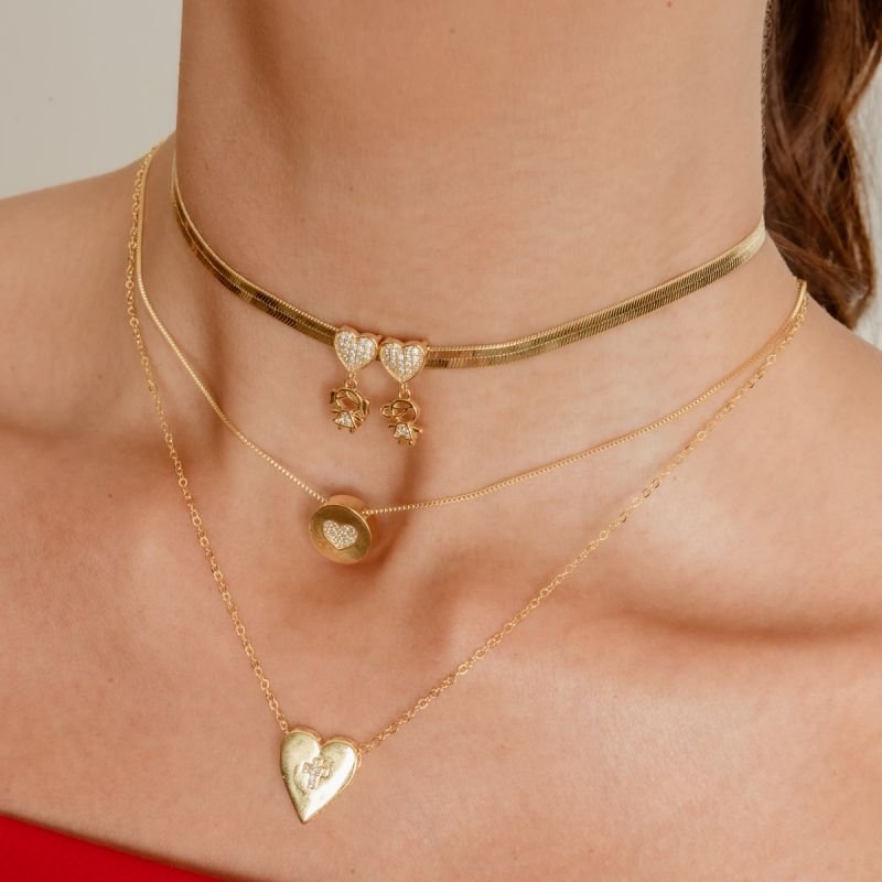 COLAR CORAÇÃO COM CRUZ CRAVEJADO DE ZIRCÔNIA BANHADO A OURO 18K