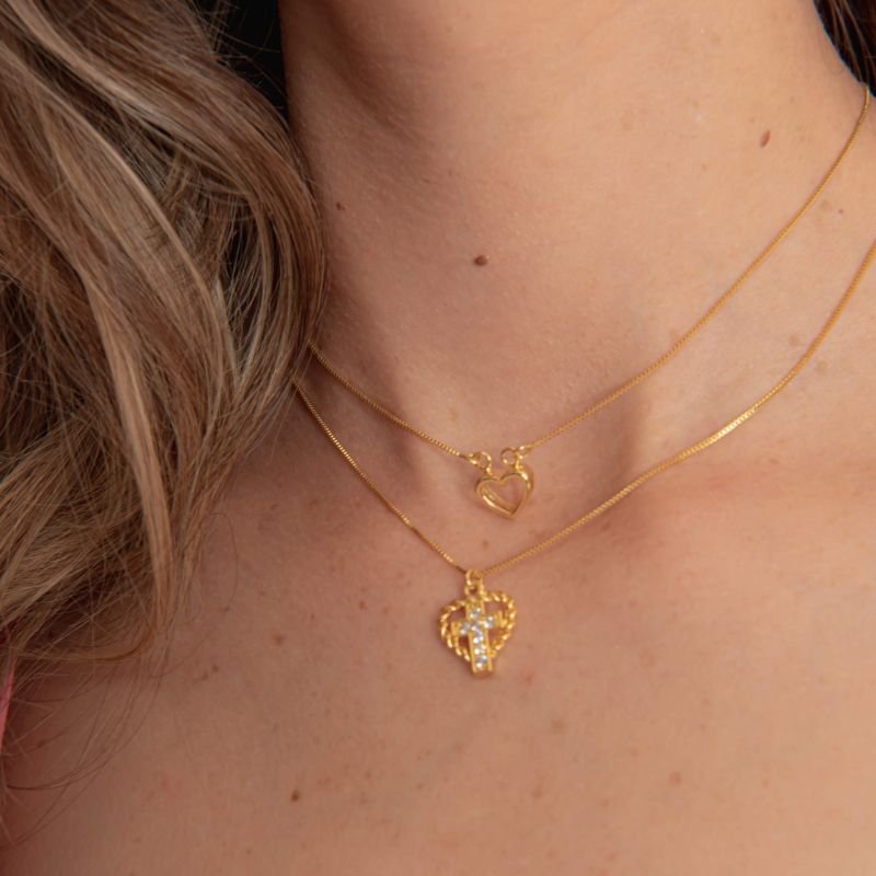 COLAR CORAÇÃO CRUZ BANHADO A OURO 18K