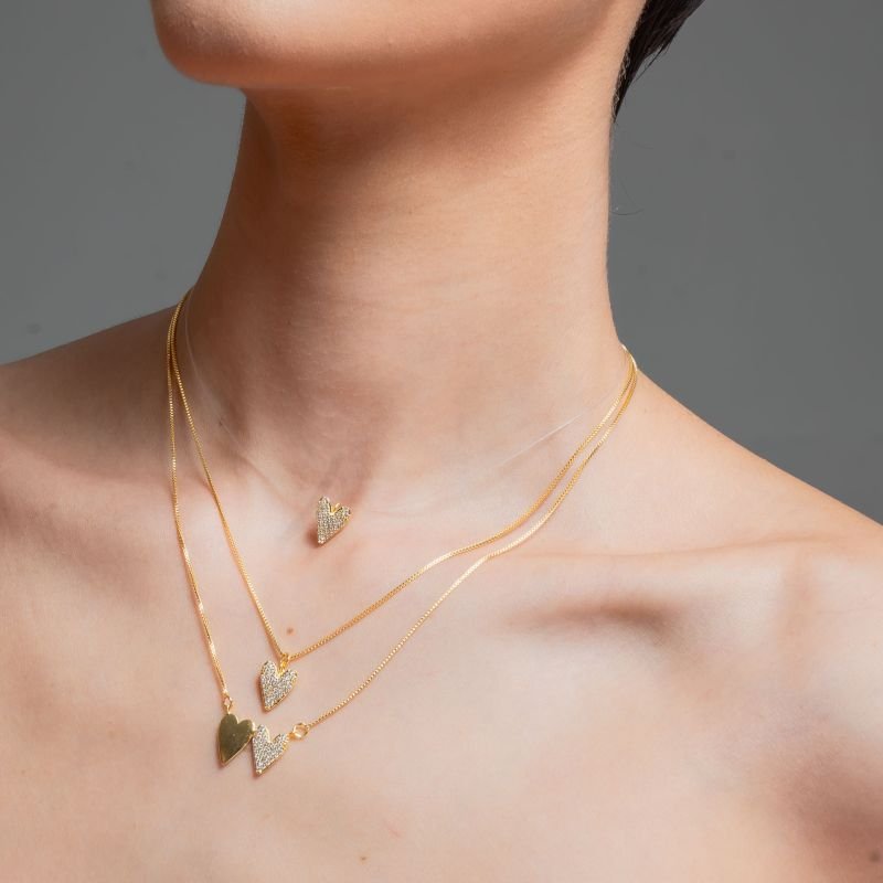 COLAR CORAÇÃO LISO E COM ZIRCONIA BANHADO A OURO 18K