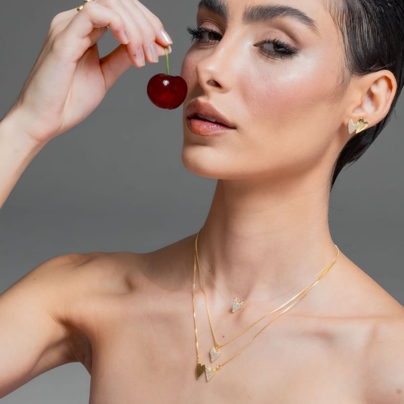 COLAR CORAÇÃO LISO E COM ZIRCONIA BANHADO A OURO 18K