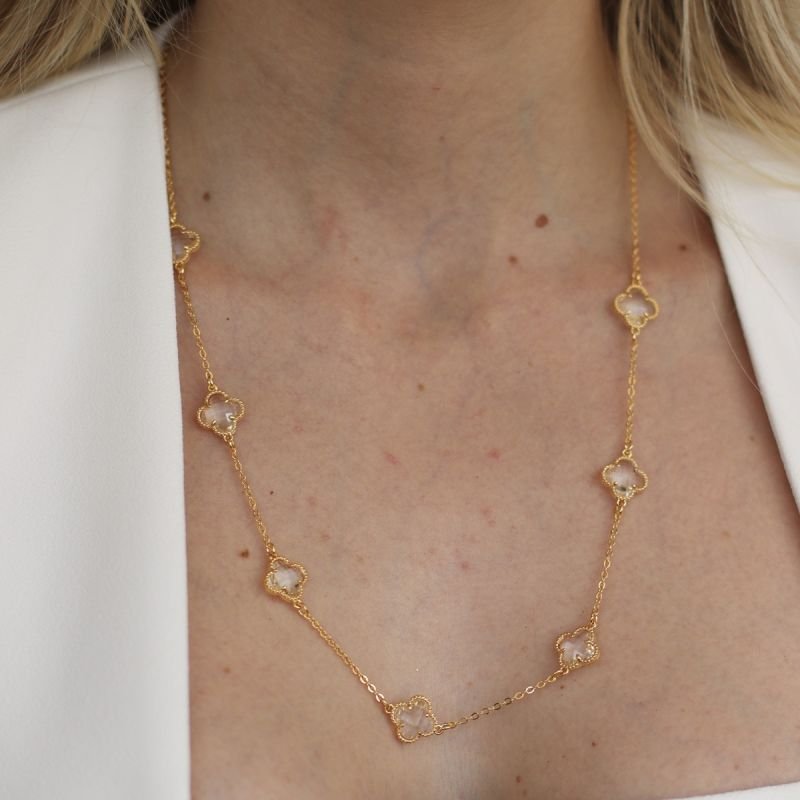 COLAR LONGO TREVO CRISTAL DOURADO FOLHEADO