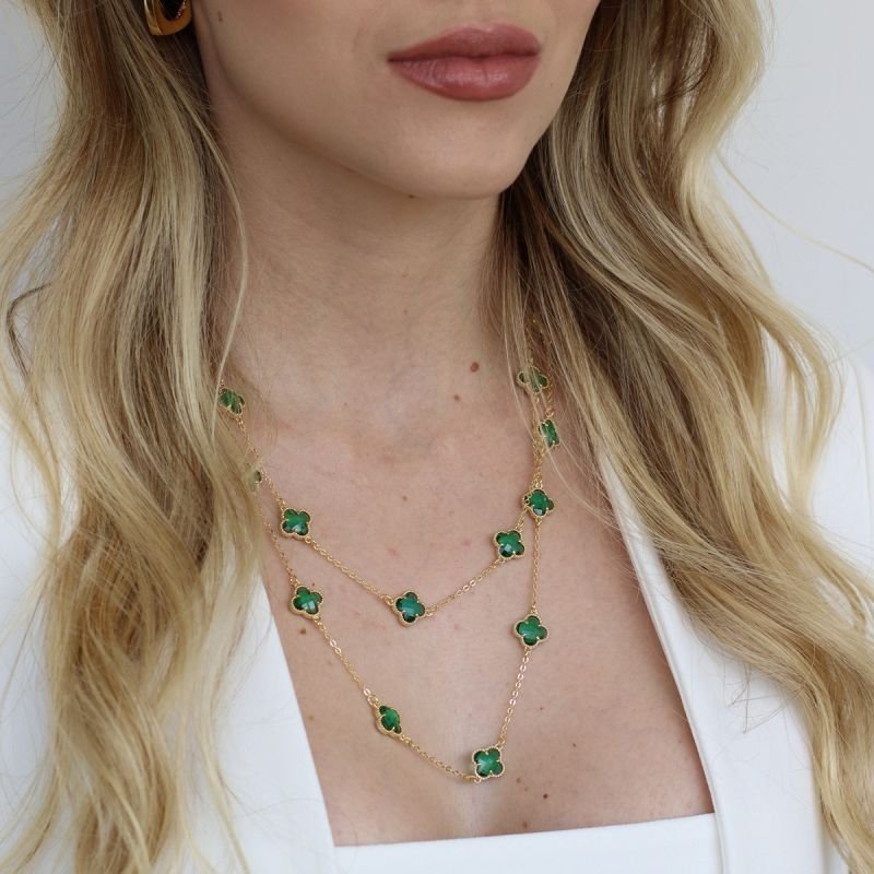 COLAR LONGO TREVO VERDE ESMERALDA BANHADO A OURO 18K