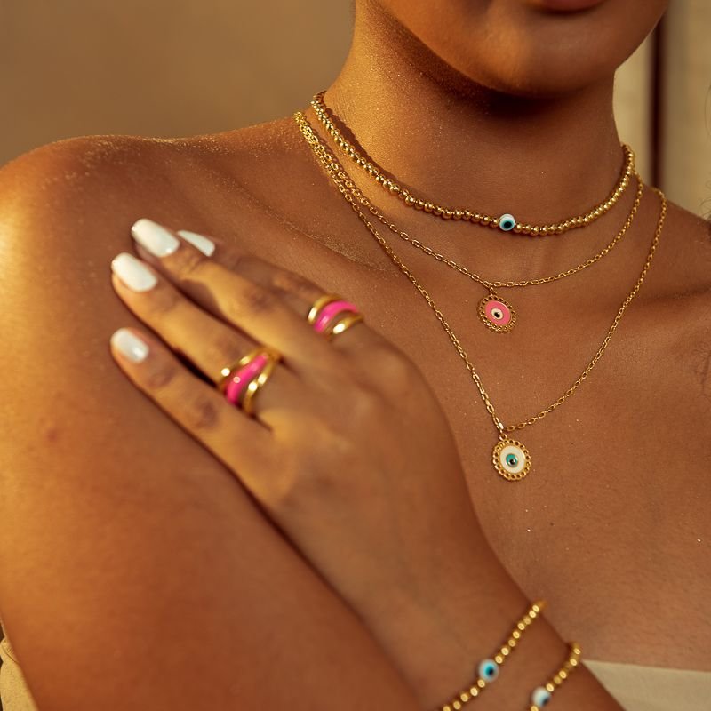 COLAR OLHO GREGO ROSA RESINADO BANHADO A OURO 18K