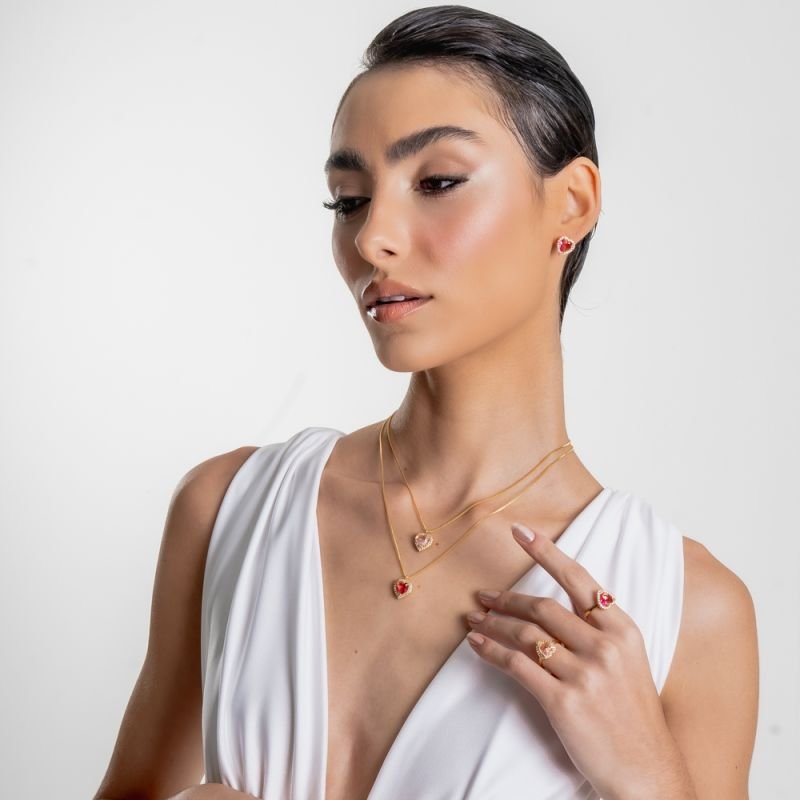 CONJUNTO AME ROSA ZIRCÔNIA BANHADO A OURO 18K