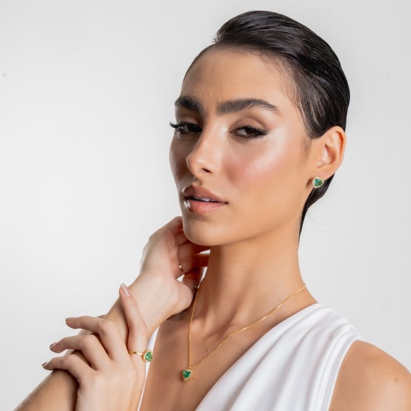 CONJUNTO AME VERDE ZIRCÔNIA BANHADO A OURO 18K
