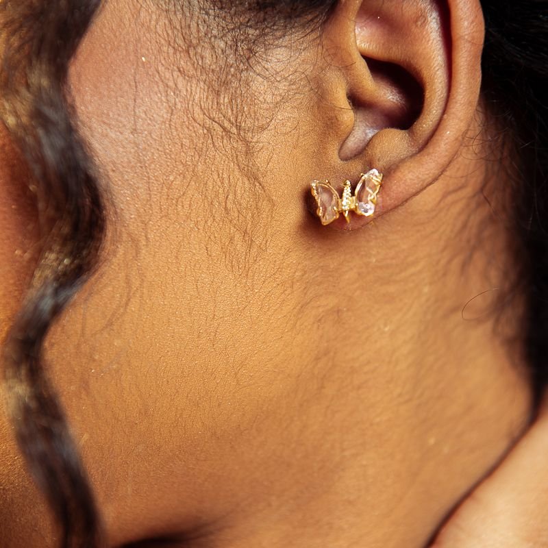 CONJUNTO BORBOLETA ROSA BANHADO A OURO 18K