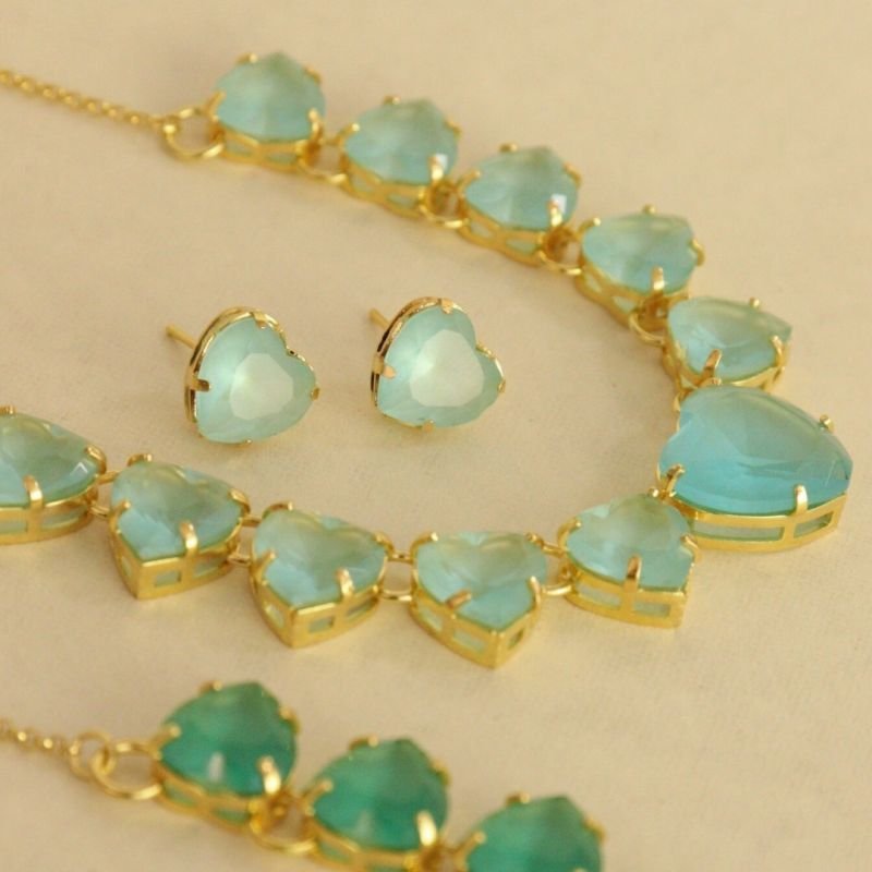 CONJUNTO CELESTE AZUL BANHADO A OURO 18K