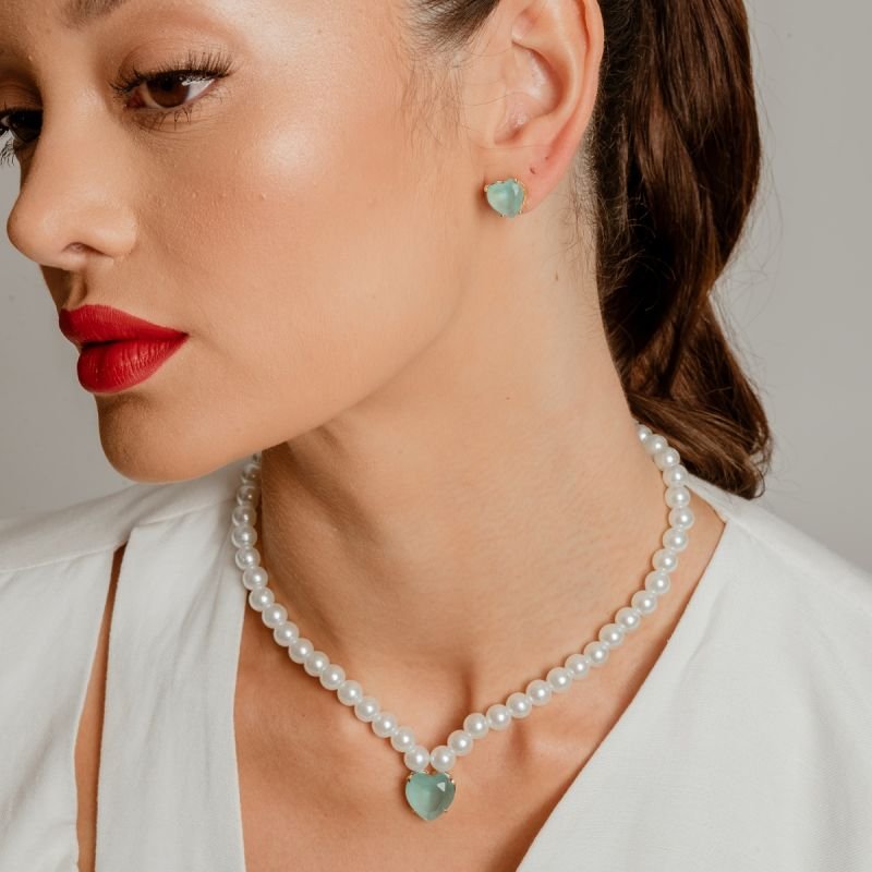 CONJUNTO CORAÇÃO AZUL COM PÉROLA BANHADO A OURO 18K