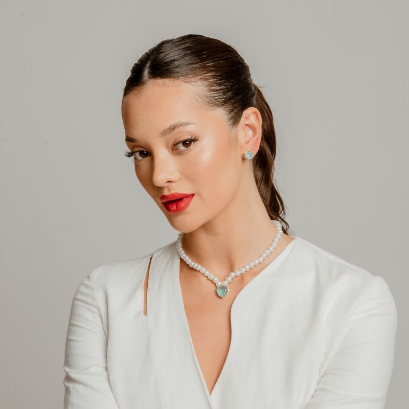 CONJUNTO CORAÇÃO AZUL COM PÉROLA BANHADO A OURO 18K