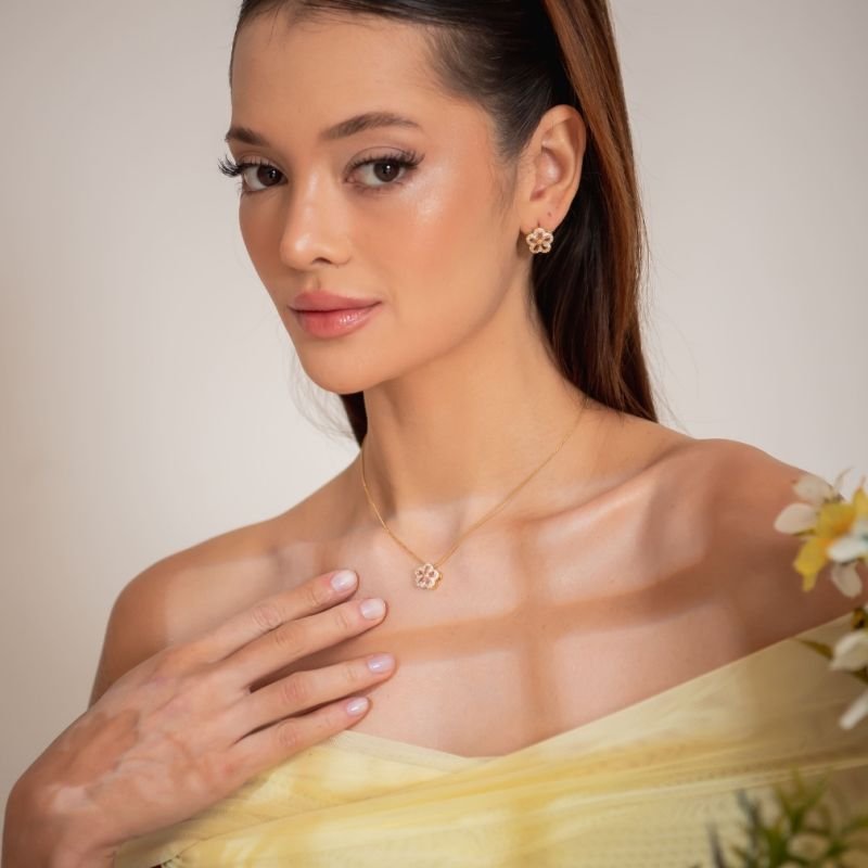 CONJUNTO FLORECER ROSA BANHADO A OURO 18K