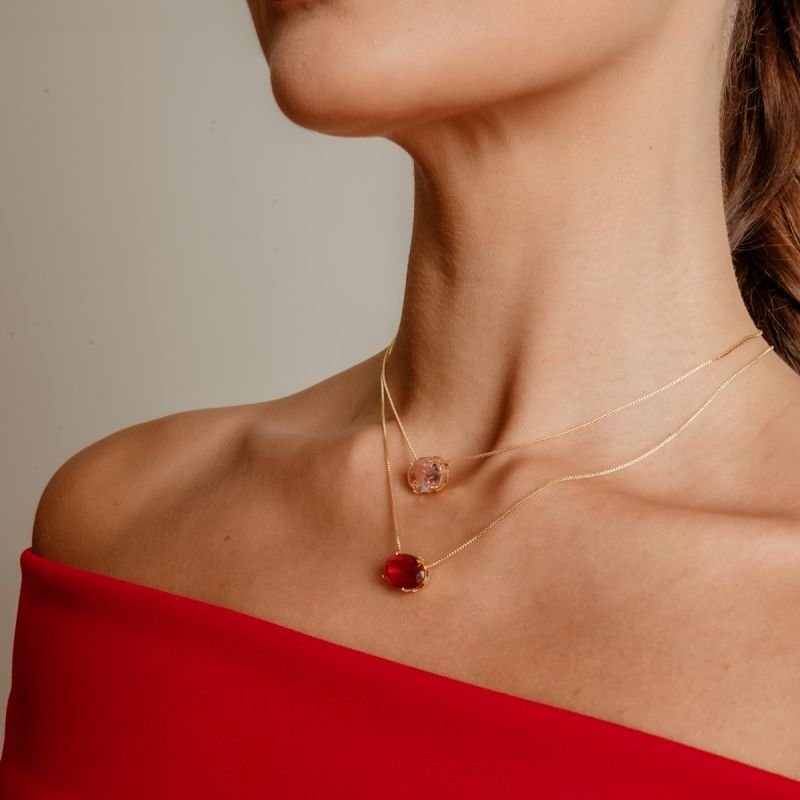 CONJUNTO OVAL RED 14MM BANHADO A OURO 18K