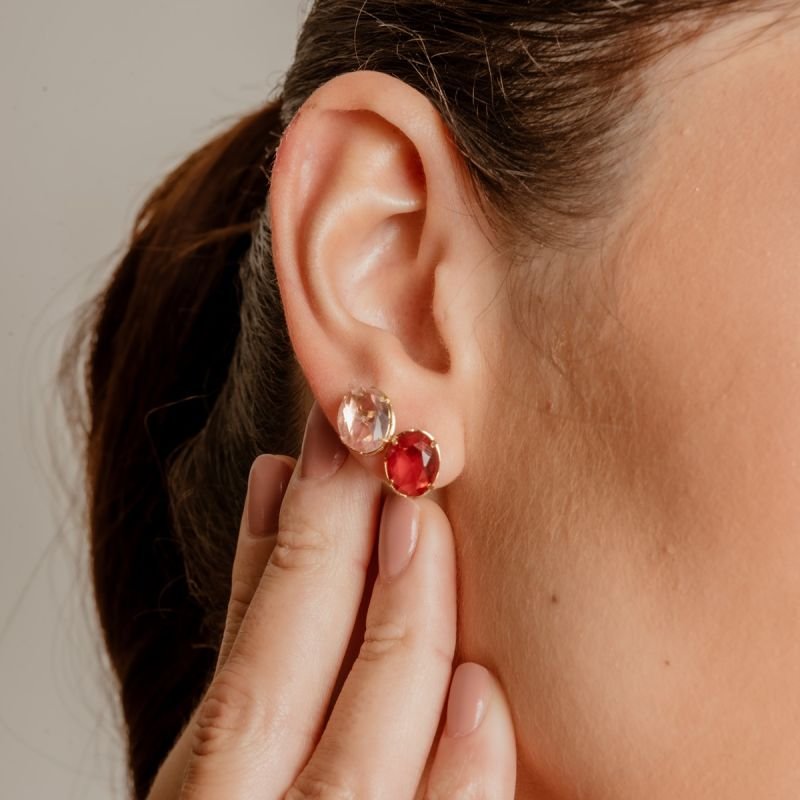 CONJUNTO OVAL RED 14MM BANHADO A OURO 18K