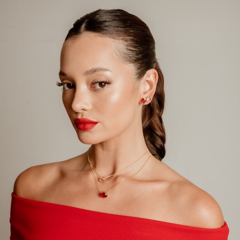 CONJUNTO OVAL RED 14MM BANHADO A OURO 18K